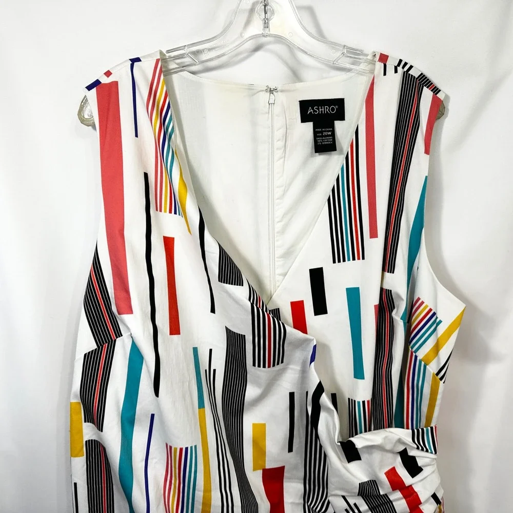 ASHRO Plus Size 20W Dress Sleeveless Colorful Striped‎ Sheath White Career 1683